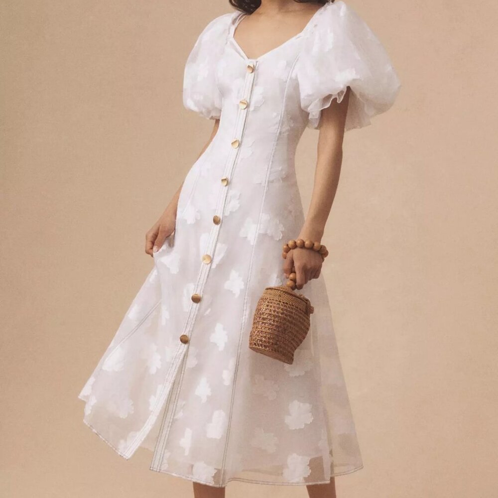 NWT Anthropologie Let Me Be Puff-Sleeve Sheer Midi Dress Sz XXS